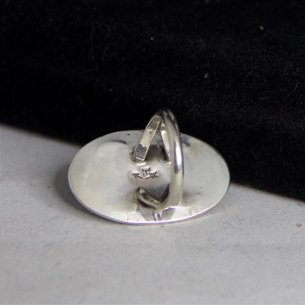 Vintage Navajo Sterling Silver Turquoise Stamped Oval Ring, Size 6.5 Hallmarked